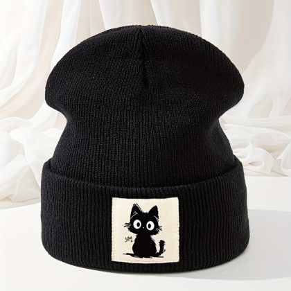 Black Cat Print Label Knitted Stretch Winter Hat for Men, Outdoor Warm Pullover Hat with Rolled Brim, Brimless Beanie, High-Quality Versatile Sports Running Cap