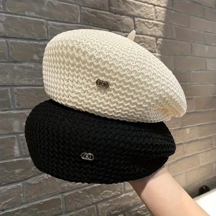 Breathable Women's Beret, Spring And Summer Hollow Structured Painter's Hat, Japanese Casual Full Matching, Slim Face Fashionable Beret, Fashion Accessories