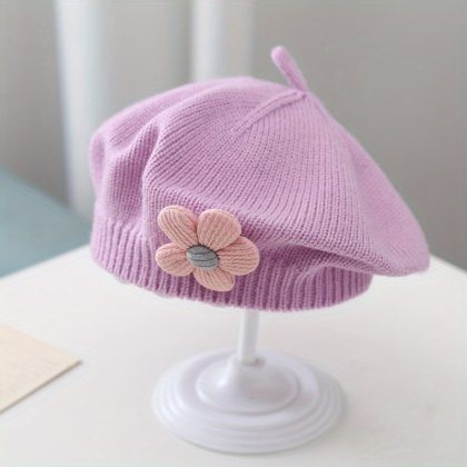 1pc Cute Floral Knit Beret, Fall Winter Painter Hat, Christmas Thanksgiving Gift