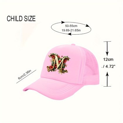 1 Pack Youth Trucker Hat - Golden Floral Letter A Design, Breathable, 100% Polyester, Adjustable Snap Closure, Pink Spring Summer Outdoor Play, Back to School, Teacher'S Day (3-14 Years Old)