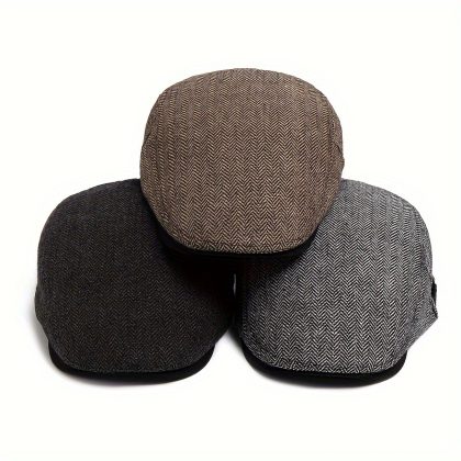 Men's Vintage Herringbone Beret - Adjustable, Warm Fashion Flat Cap for Autumn & Winter
