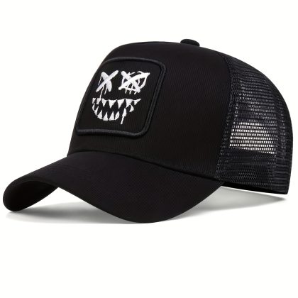 Unisex Adjustable Baseball Cap with Embroidered Face Design - 100% Polyester Truck Driver Hat for Travel, Vacation & Outdoor Activities