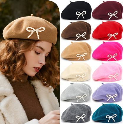 1pc Solid Color Women's New Bow Wool Beret, Suitable for Daily Use, Available in Multiple Colors