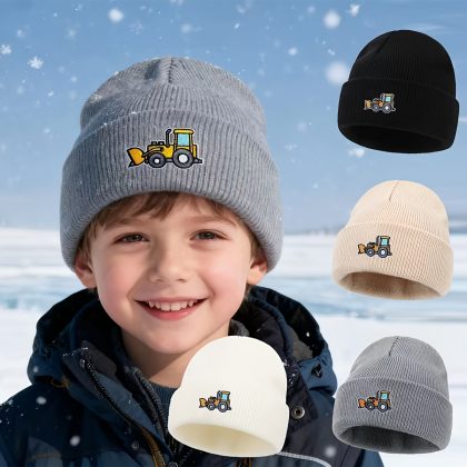Youngsters' Winter Knit Hat with Bulldozer Graphic - Stretchy Soft Ear Flap Beanie for Skiing, Christmas & Outdoor Activities | Warm Black & Yellow Design, Hand Washable, Winter Hats, Youngsters Skiing Gear, Snug Fit